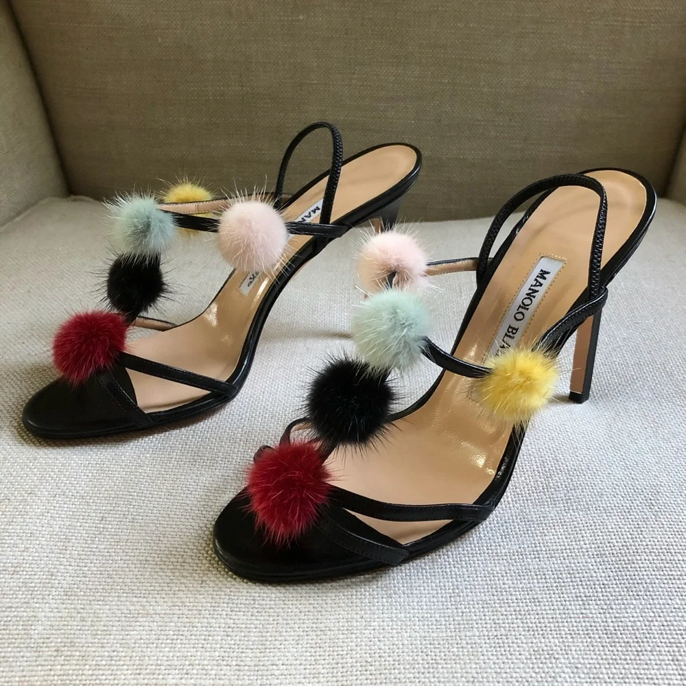 Manolo Blahnik Black Leather Slingback Heels with Multicolor Pom Poms